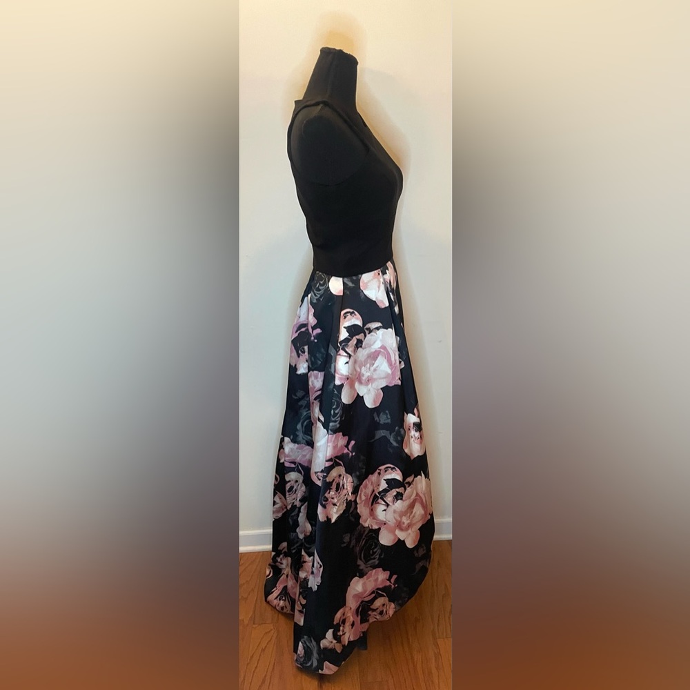 X by Xscape- Solid & Floral-Print High-Low Gown Black and Blush Pink Size 6 - Picture 3 of 7